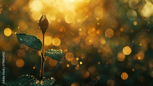   A tight shot of a plant bedecked with water droplets, sun rays filtering through the leafy tree canopy behind photo