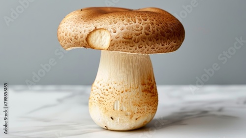  A tight shot of a mushroom against a white countertop Gray background and wall in the distance