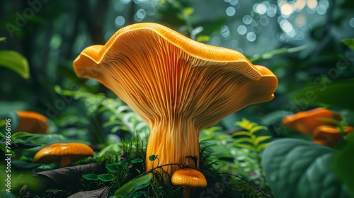  A tight shot of a yellow mushroom amidst a lush forest, surrounded by numerous green leaves on the ground