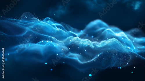 Abstract Blue Modern Style Cloud Computing, 3D Networks Structure, Telecommunications Concept Design - Network Connections, Transparent Wavy Geometric Mesh,