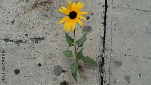  A yellow flower atop a cement wall, adjacent to a green, leafy plant by the roadside