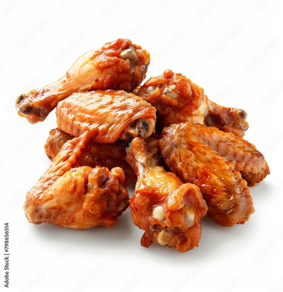 A pile of chicken wings arranged neatly on a white surface against a clean white background A pile of chicken wings arranged neatly on a white surface against a clean white background