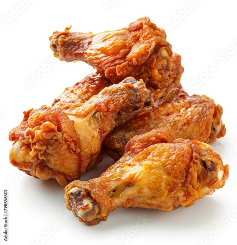   Two piles of chicken wings on separate white tables photo
