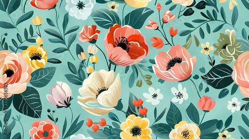 Garden flowers  plants  botanical  seamless pattern vector design for fashion  fabric  wallpaper and all prints on mint green background color.