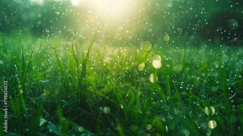  A tight shot of a wet grass field, dotted with water droplets Sun shines behind, illuminating the scene
