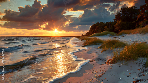 Sunrise over the sea Beautiful sunset view with vivid sky blue on the beach.