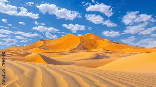  A desert landscape with sand dunes and a mountain in the distance Clouds scatter the blue sky with wispy white forms