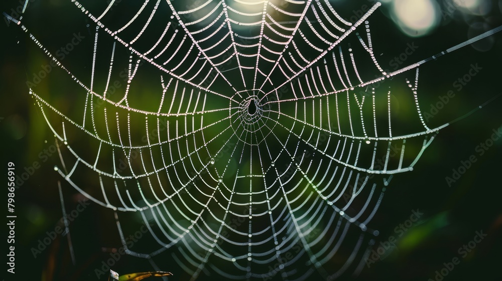 A tight shot of a spider web adorned with dew droplets, sun behind illuminating backdrop A tight shot of a spider web adorned with dew droplets, sun behind illuminating backdrop