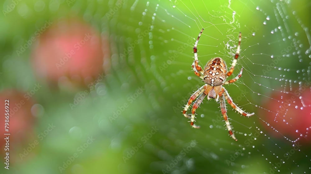 A tight shot of a spider on its web, with red blooms blurred behind A tight shot of a spider on its web, with red blooms blurred behind