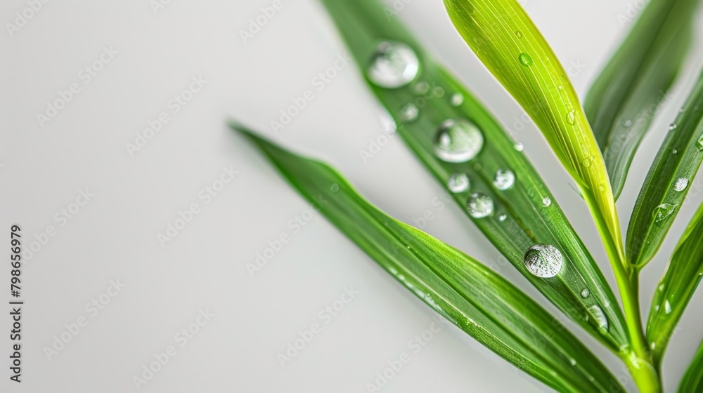 Close-up of a green plant with dewdrops on leaves against a white backdrop Close-up of a green plant with dewdrops on leaves against a white backdrop