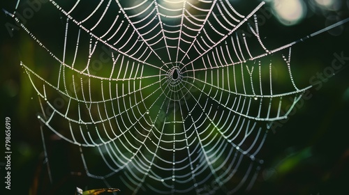  A tight shot of a spider web adorned with dew droplets, sun behind illuminating backdrop