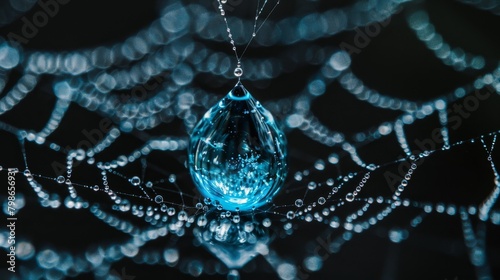   A drop of water atop a dewy spiderweb against a black backdrop, each thread glistening with its own suspended droplet photo