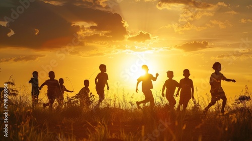 A silhouette of a multicultural group of children playing in an open field  with the setting sun behind them
