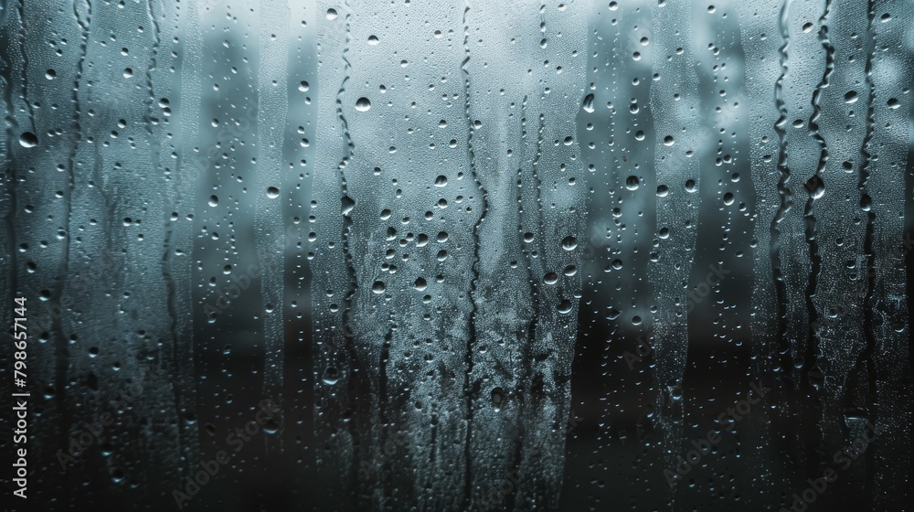 A tight shot of a rain-splattered window, adorned with droplets on the glass, surrounded by trees in the background A tight shot of a rain-splattered window, adorned with droplets on the glass, surrounded by trees in the background