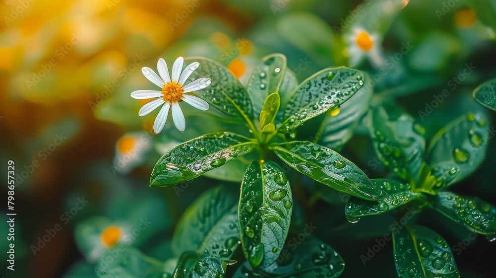 water beads adorn its leaves, a golden flower sits at its center water beads adorn its leaves, a golden flower sits at its center