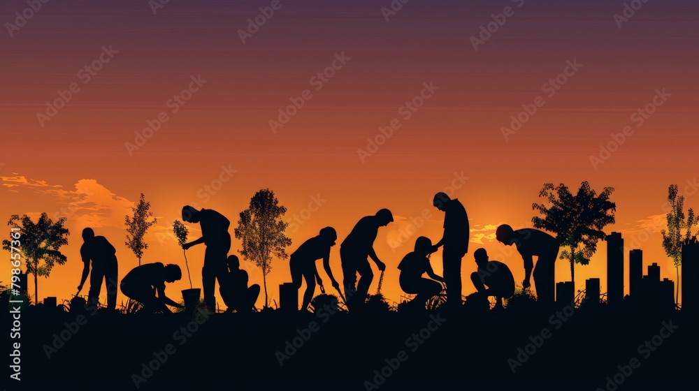 A silhouette scene of a multicultural group engaged in a community service project, helping to plant trees in an urban setting
