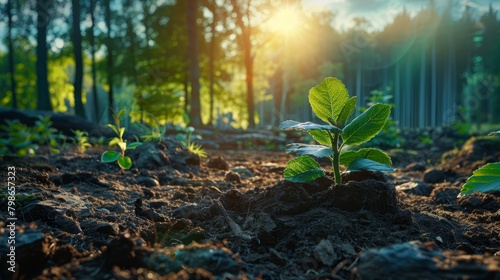  A tiny green sapling emerges from the earth amidst a forest backdrop of towering trees