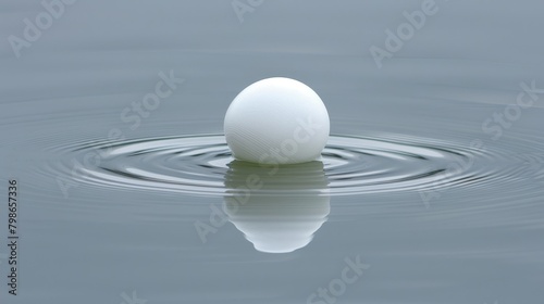   A pristine white egg hovers atop the water's surface, disturbed only by a solitary droplet beading on its edge © Jevjenijs