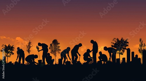 A silhouette scene of a multicultural group engaged in a community service project, helping to plant trees in an urban setting