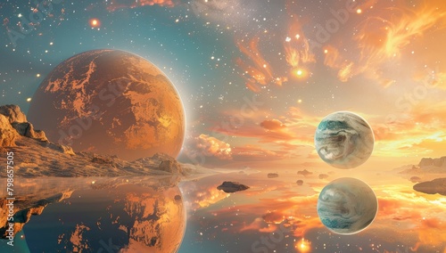  An artist's depiction of a planet over a mirroring body of water, featuring a mountain range in the background