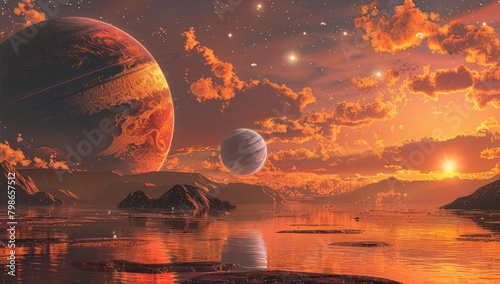   An artist's rendition of a planet with mountains and a foreground body of water in the sky