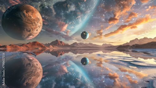   A collection of planets hovering above a lake, beneath a star-studded sky and a mountain crowned with stars photo
