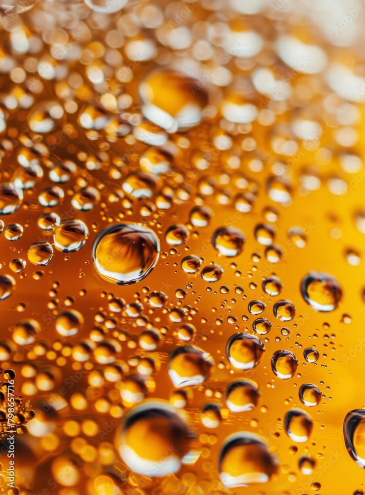 A tight shot of water droplets on a yellow backdrop, framed by a black border beneath each drop, particularly the one on the image's left side A tight shot of water droplets on a yellow backdrop, framed by a black border beneath each drop, particularly the one on the image's left side