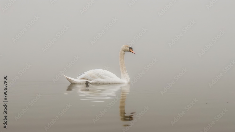 A white swan glides atop the fog-shrouded lake, its head emerging above the surface A white swan glides atop the fog-shrouded lake, its head emerging above the surface