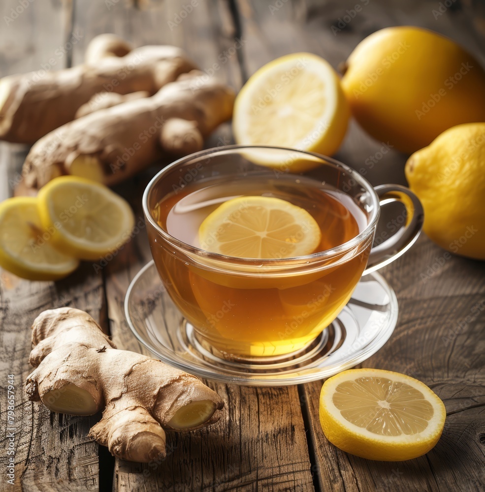 A table holds a cup of tea infused with lemons, ginger, and ginger root Lemons and ginger decorate the table beside it A table holds a cup of tea infused with lemons, ginger, and ginger root Lemons and ginger decorate the table beside it