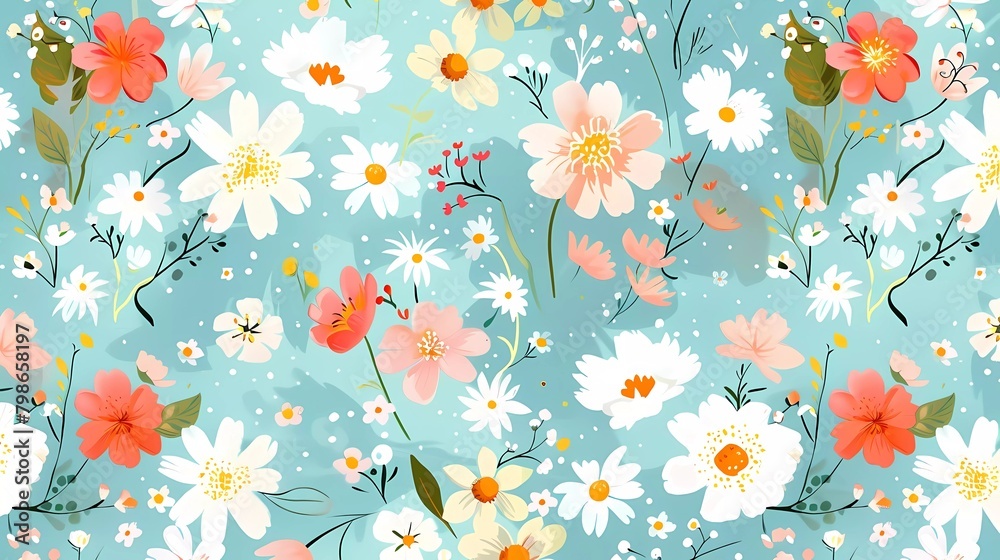 Spring seamless floral horizontal pattern. Chamomile, cherry blossoms, stylized leaves, on a pastel turquoise background, are scattered chaotically. 