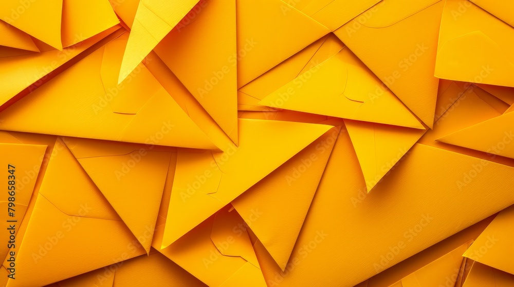 A tight shot of a yellow wall adorned with numerous origami triangles formed from folded papers A tight shot of a yellow wall adorned with numerous origami triangles formed from folded papers