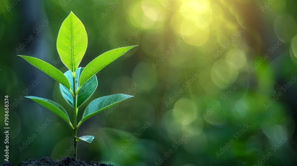 A tiny green plant emerges from the ground against a hazy backdrop of verdant foliage A tiny green plant emerges from the ground against a hazy backdrop of verdant foliage