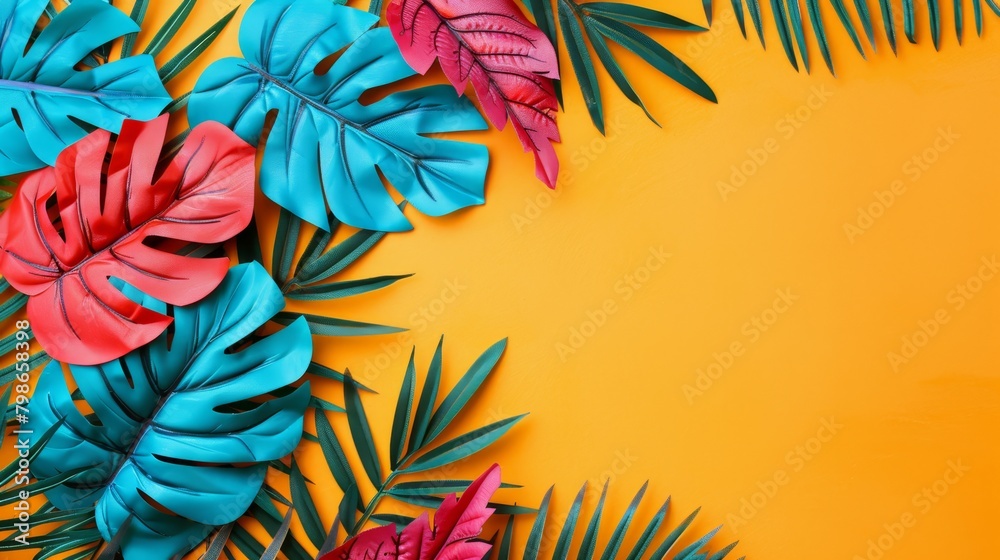  Tropical leaves against yellow backdrop Red and blue flower on left side