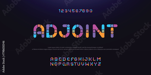 Colors font alphabet letters. Modern logo typography. Color creative art typographic design. Festive letter set for rainbow logo, headline, color cover title, joy monogram. Isolated vector typeset photo