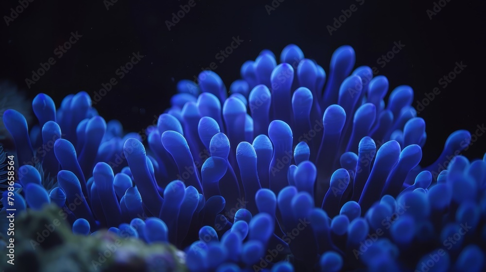 Close-up of a blue anemone on black background, lit from above ..Or, for more detail:..Detailed image of a blue Close-up of a blue anemone on black background, lit from above ..Or, for more detail:..Detailed image of a blue