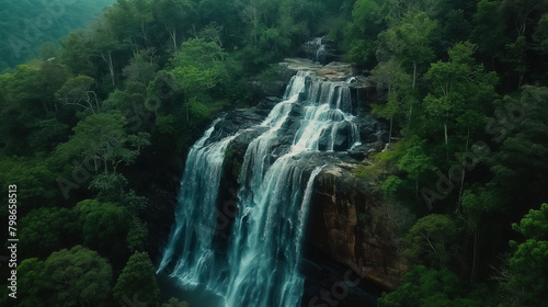 A waterfall in a forest. The waterfall is cascading over a cliff into a pool of water  with a small waterfall to the left. 