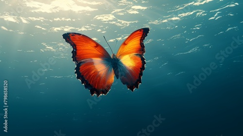  A large orange butterfly flies over a body of water with the sun shining down on its wings