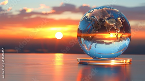   A glass globe atop a table mirrors Earth s image during sunset