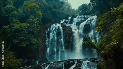 A waterfall in a forest. The waterfall is cascading over a cliff into a pool of water, with a small waterfall to the left. 