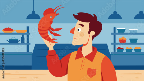 In the seafood section of a gourmet food market a man holds a live lobster up to his ear listening intently to its movements before deciding to.