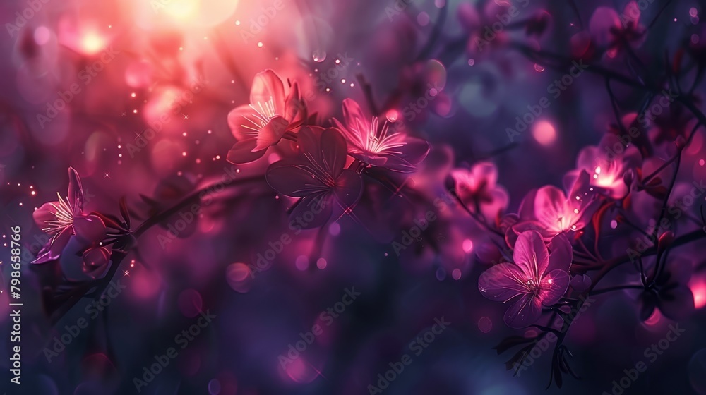   A flower in focus on a branch against softly blurred background lights Foreground holds an indistinct image of blooms