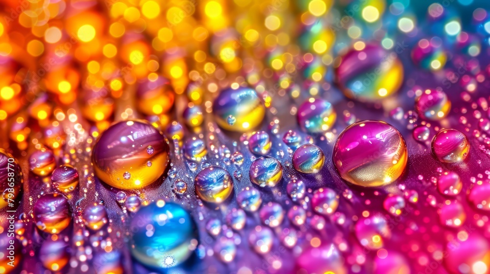   A tight shot of vibrant water drops against a multicolored surface, backdropped by illuminated lights
