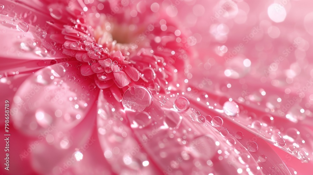 A tight shot of a pink flower, adorned with water droplets on its petals and in the heart of its bloom A tight shot of a pink flower, adorned with water droplets on its petals and in the heart of its bloom