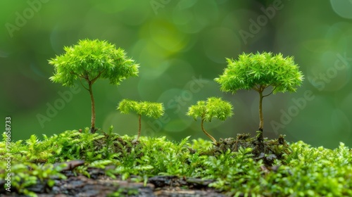  A cluster of tiny trees sits atop a verdant mossy ground, framed by a hazy backdrop