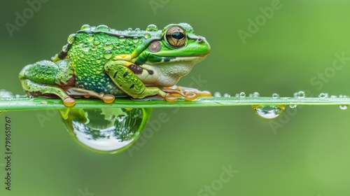  A green frog atop a wet, green leaf amidst a background of similar hue, adorned with water droplets