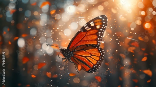   A close-up of a butterfly in flight, its wings creating a radiant burst of bokeh  behind it © Jevjenijs