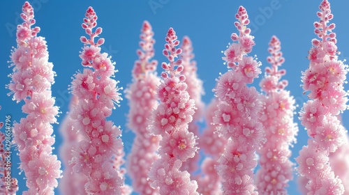  A collection of pink blooms before a blue backdrop, lightly dotted with raindrops atop
