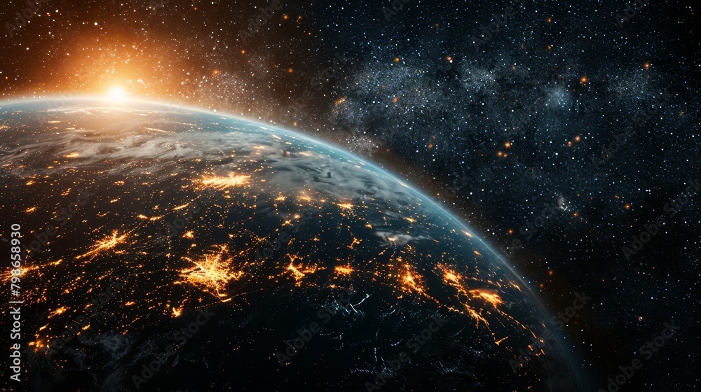 A nighttime view of Earth from space, featuring city lights and celestial illuminations A nighttime view of Earth from space, featuring city lights and celestial illuminations