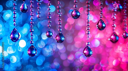  A string of beads before a vibrant backdrop Background includes a bottle of lights