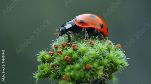  A ladybug perches on a plant with red-and-black spotted legs